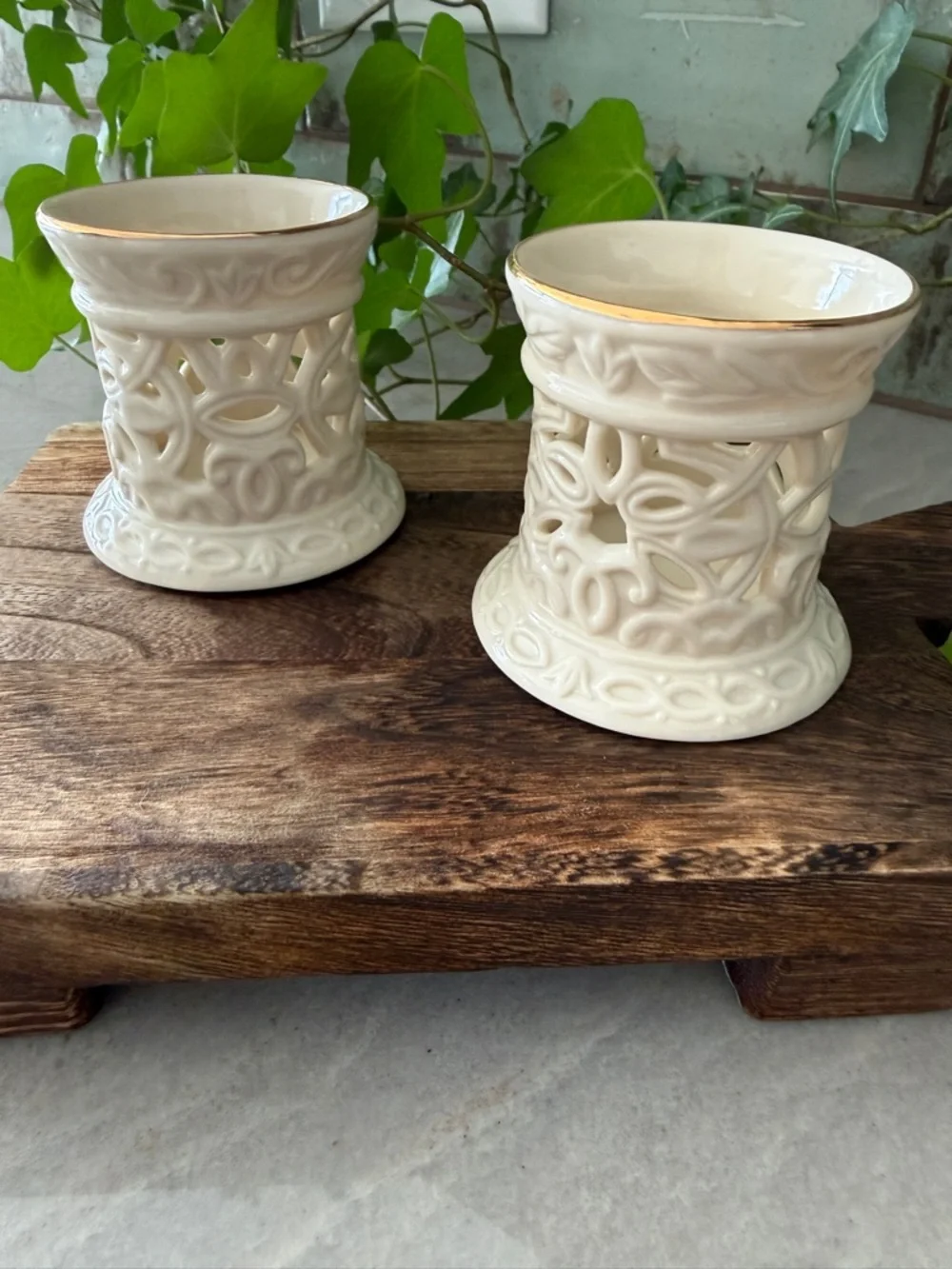 Lenox Ivory China Pierced Lattice Votive Set - Pair of 2 - 24k Gold Trim - MINT